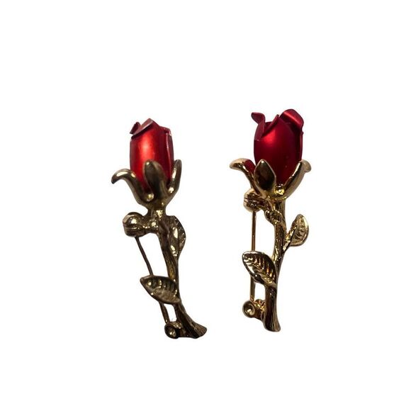 Three (3)Vintage Red Rose Floral Designer Gold Tone Women’s Brooches Pins - Picture 6 of 8
